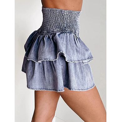 Women Smocked Waist Tiered Denim Mini Skirt