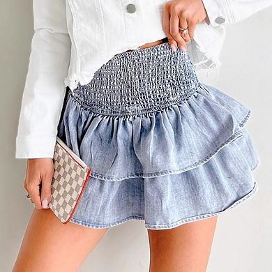 Women Smocked Waist Tiered Denim Mini Skirt