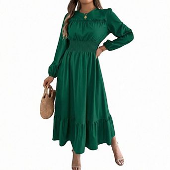 Women's Long Sleeved Dress with Mushroom Edge and Waist Cinched A-line Layered Elegant Long Skirt