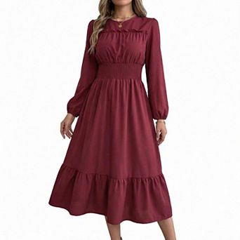 Women's Long Sleeved Dress with Mushroom Edge and Waist Cinched A-line Layered Elegant Long Skirt
