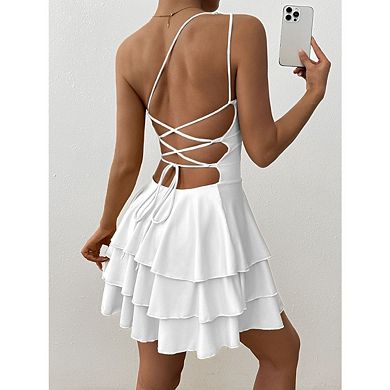 Women's Off Shoulder Bodycon Mini Dresses Sleeveless Ruffle Hem Solid Color Short Dress