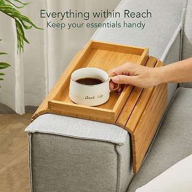 Bamboo Sofa Arm Tray with Storage and Non-Slip Felt Base