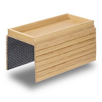 Bamboo Sofa Arm Tray with Storage and Non-Slip Felt Base