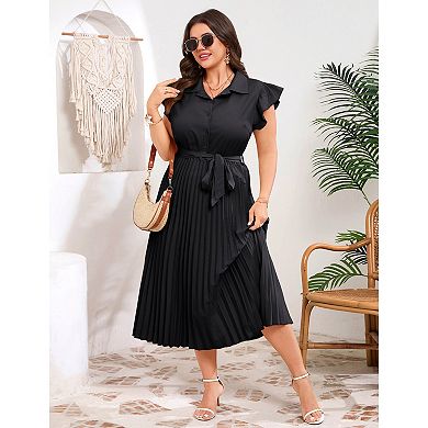 Women's Plus Size Casual Midi Dresses Solid V Neck Short Sleeve Button Shirt Maxi Dress