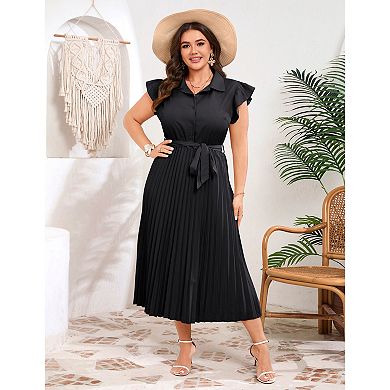 Women's Plus Size Casual Midi Dresses Solid V Neck Short Sleeve Button Shirt Maxi Dress