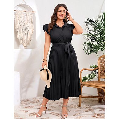 Women's Plus Size Casual Midi Dresses Solid V Neck Short Sleeve Button Shirt Maxi Dress