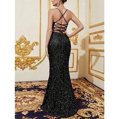 Women's Sequin Long Spaghetti Strap Dress with High-Waist Split, Bridesmaid Party Evening Gown