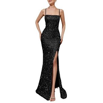 Women's Sequin Long Spaghetti Strap Dress with High-Waist Split, Bridesmaid Party Evening Gown