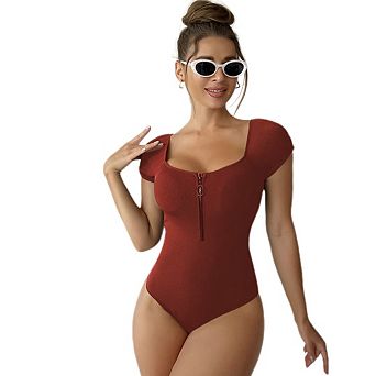 Women's One-piece Short Sleeve Zipper Bikini Swimsuits Solid Color Swimwear