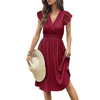 Women's Elegant V Neck Flared Short Sleeves Dress Casual High Waist Flowy A Line Dress