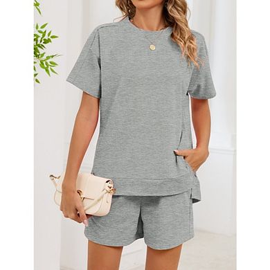 Women's Casual Two Piece Sweatsuit Short Sleeve Side Slit Top and Drawstring Waist Shorts Set