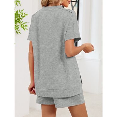 Women's Casual Two Piece Sweatsuit Short Sleeve Side Slit Top and Drawstring Waist Shorts Set