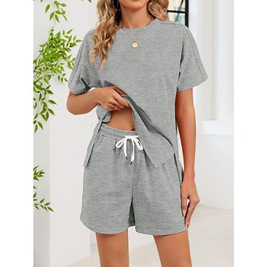 Women's Casual Two Piece Sweatsuit Short Sleeve Side Slit Top and Drawstring Waist Shorts Set