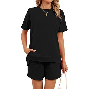 Women's Casual Two Piece Sweatsuit Short Sleeve Side Slit Top and Drawstring Waist Shorts Set
