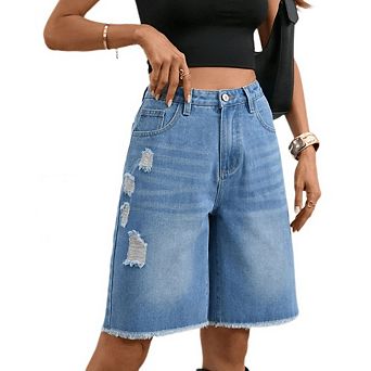 Women's High Waist Distressed Denim Causal Bermuda Shorts Frayed Hem Knee Length Jean Shorts