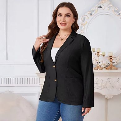 Plus Size Linen Blazer - Lightweight Casual Jacket with Patch Pockets for Women