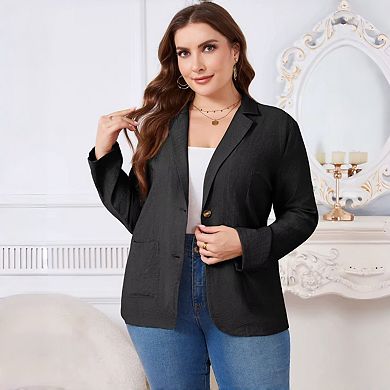 Plus Size Linen Blazer - Lightweight Casual Jacket with Patch Pockets for Women