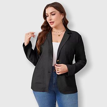 Plus Size Linen Blazer - Lightweight Casual Jacket with Patch Pockets for Women