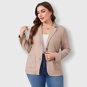 Plus Size Linen Blazer - Lightweight Casual Jacket with Patch Pockets for Women