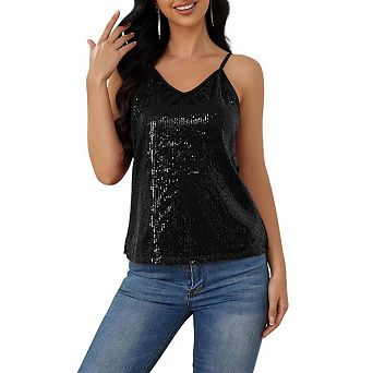 Womens Sequin Tank Tops Casual V Neck Strappy Sparkle Shimmer Camisole Sleeveless Tanks Tops