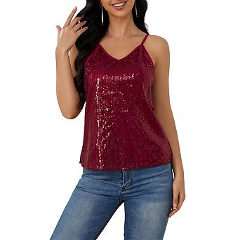 Womens Sequin Tank Tops Casual V Neck Strappy Sparkle Shimmer Camisole Sleeveless Tanks Tops