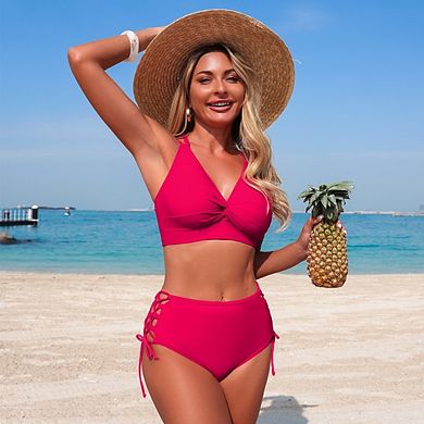 Women's High Waisted Bikini Sets Drawstring Two Piece Swimsuits Back Bathing Suit