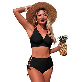 Women's High Waisted Bikini Sets Drawstring Two Piece Swimsuits Back Bathing Suit