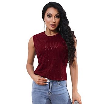 Sequin Tank Tops For Women Sleeveless Sparkle Shimmer Round Neck Vest Tops Glitter Camisole