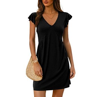 Summer Dresses for Women Deep V Neck Ruffle Sleeve Pleated Loose Casual Mini Beach Dress
