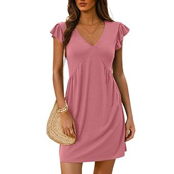 Summer Dresses for Women Deep V Neck Ruffle Sleeve Pleated Loose Casual Mini Beach Dress
