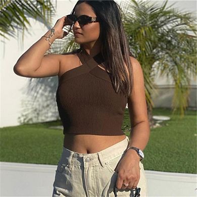 Women's Cross V-neck Strap Hanging Neck Knitted Backless Tank Top Sweater