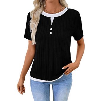 Women's Fake 2 pc Henley Top Ribbed Knit Contrast Short Sleeve Casual Dressy Office Tee