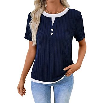 Women's Fake 2 pc Henley Top Ribbed Knit Contrast Short Sleeve Casual Dressy Office Tee