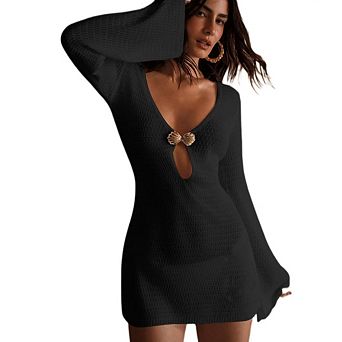 Women's Beach Cover Ups Summer Hollow Crochet Knit Backless Long Sleeve Swimwear Vacation Cover Up