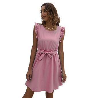 Womens Casual Sundress Ruffle Sleeve Round Neck Tie Knot High Waist Work Vacation Beach Dresses