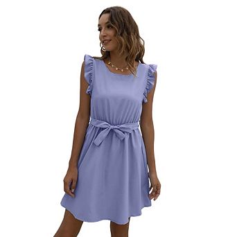 Womens Casual Sundress Ruffle Sleeve Round Neck Tie Knot High Waist Work Vacation Beach Dresses