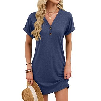 Women's Casual T Shirt V Neck Dress Mini Sundresses Button Short Sleeve Dresses