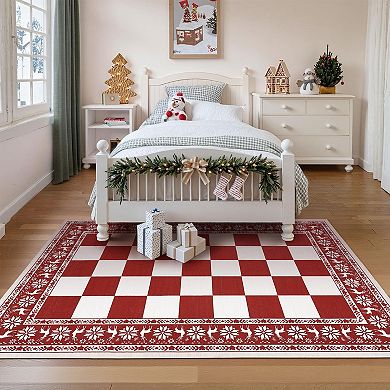 Modern Reindeer Bordered Rug Christmas Checkered Non-Slip Washable Floor Mat for Living Room