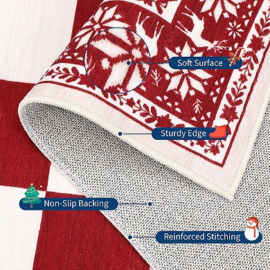 Modern Reindeer Bordered Rug Christmas Checkered Non-Slip Washable Floor Mat for Living Room