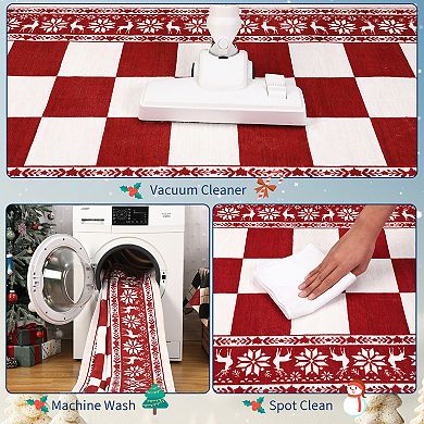 Modern Reindeer Bordered Rug Christmas Checkered Non-Slip Washable Floor Mat for Living Room