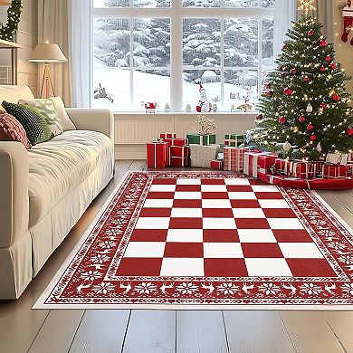 Modern Reindeer Bordered Rug Christmas Checkered Non-Slip Washable Floor Mat for Living Room