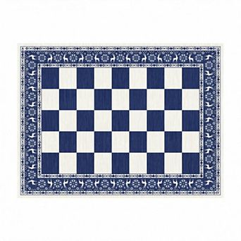 Modern Reindeer Bordered Rug Christmas Checkered Non-Slip Washable Floor Mat for Living Room