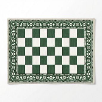 Modern Reindeer Bordered Rug Christmas Checkered Non-Slip Washable Floor Mat for Living Room