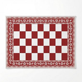 Modern Reindeer Bordered Rug Christmas Checkered Non-Slip Washable Floor Mat for Living Room