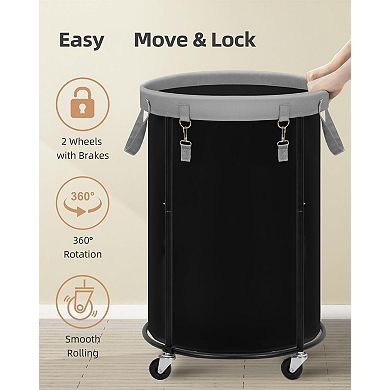 Rolling Laundry Hamper Wheels Round Metal Frame Removable Bag Bedroom Bathroom Dorm