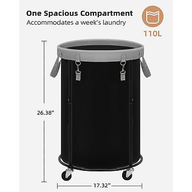 Rolling Laundry Hamper Wheels Round Metal Frame Removable Bag Bedroom Bathroom Dorm