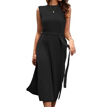 Women's Crew Neck Sleeveless Ribbed Knit Dress Side Sit Casual Dress Elegant Midi Dress