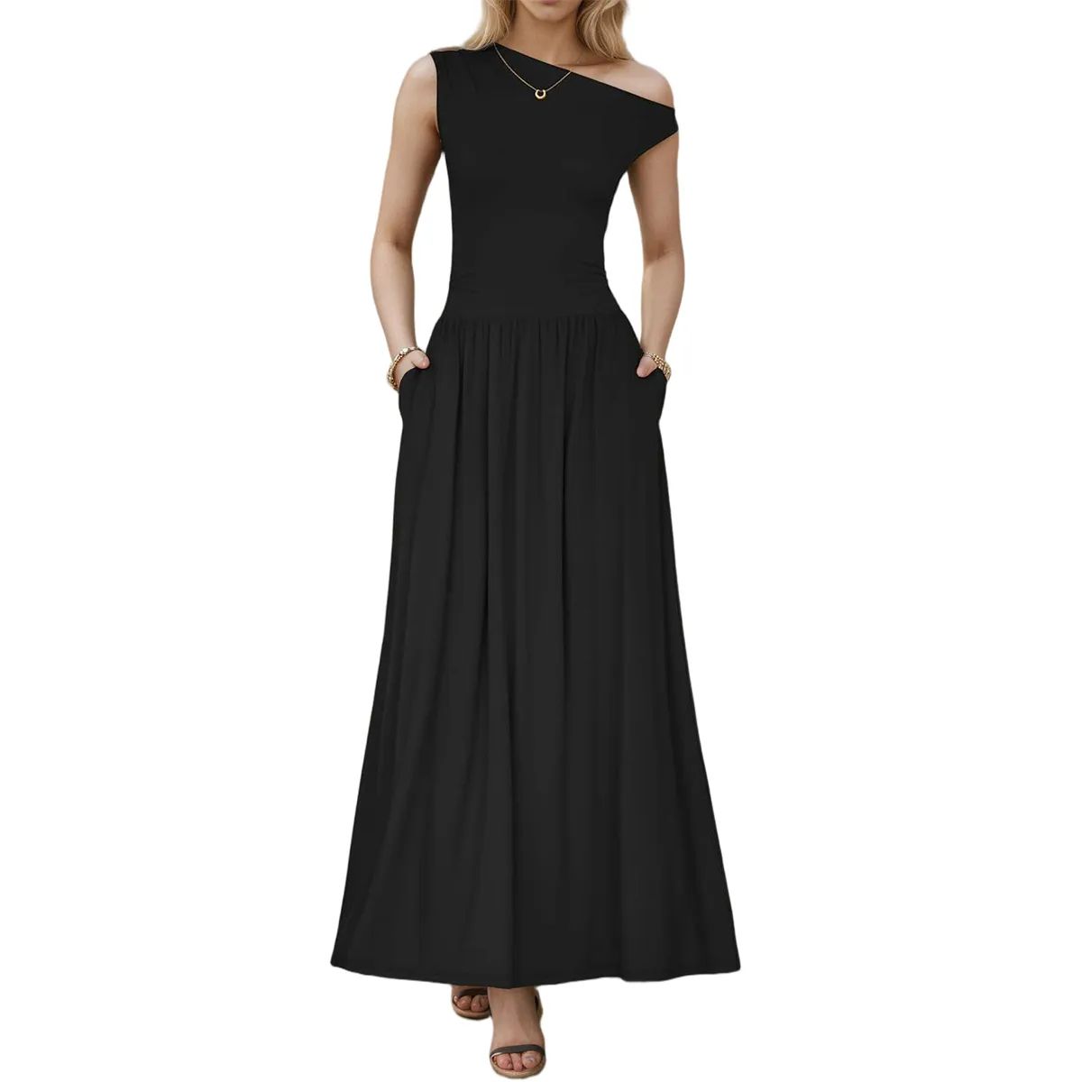 Женские платья Sleeveless Maxi Dress One Shoulder Casual Slim Swing Pleated Formal Dresses with Pockets