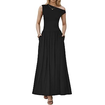 Women's Sleeveless Maxi Dress One Shoulder Casual Slim Swing Pleated Formal Dresses with Pockets