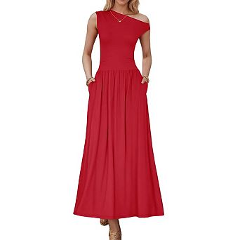 Women's Sleeveless Maxi Dress One Shoulder Casual Slim Swing Pleated Formal Dresses with Pockets